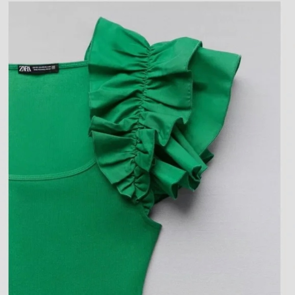 ZARA Ribbed Ruffle Sleeve Bodysuit Green